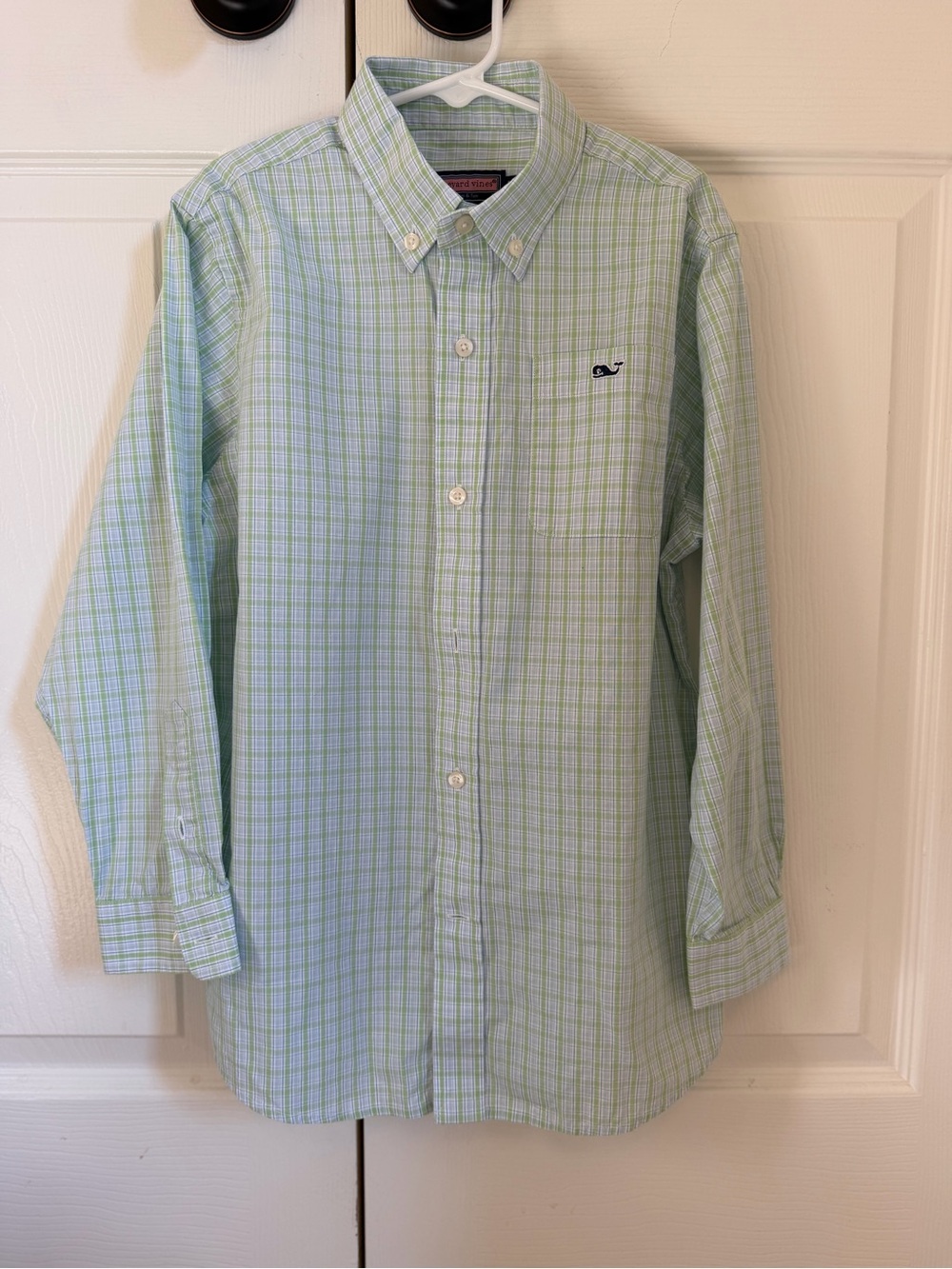 EUC Vineyard Vines Boys Light Green Plaid Button-Down Shirt size 7